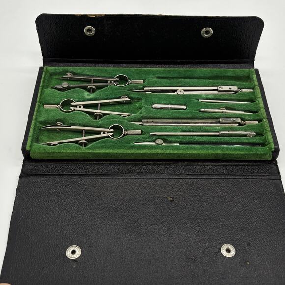 Vtg Siebenhaar Co Germany 10pc Drafting Tool Set Black Case Felt Lined Compass - Picture 1 of 8